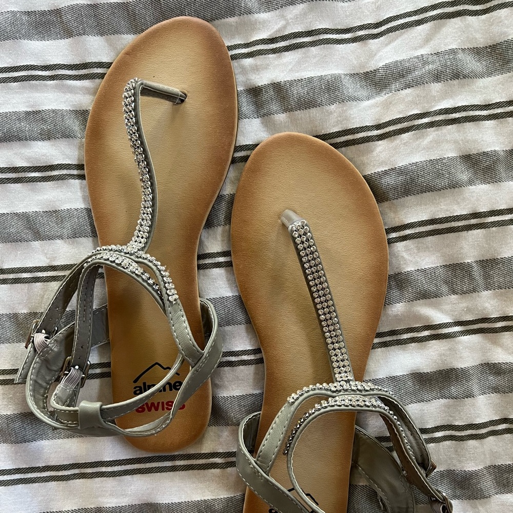 Alpine Swiss Womens Gray Slingback T-Strap Rhinestone Thong Sandals